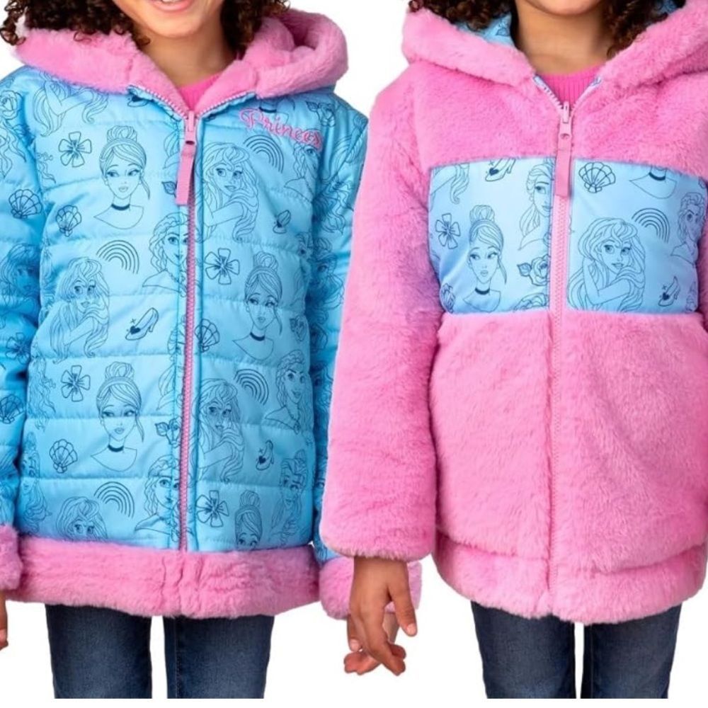 Disney Princess Faux Fur Reversible Hooded Jacket Coat Plush Pink Blue 4T NEW